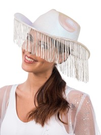 CHAPEAU DE COWBOY BLANC IRISE AVEC FRANGES TU