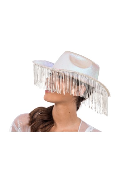 WHITE IRIDESCENT COWBOY HAT WITH FRINGES ONE SIZE