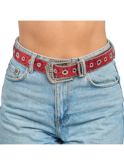 GÜRTEL SCHNALLE STRASS UND PAILLETTEN ROT 112CM X 3.8CM