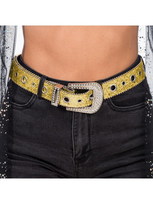 GOLDEN GLITTER BELT WITH RHINESTONES BUCKLE 112CM X 3.8CM