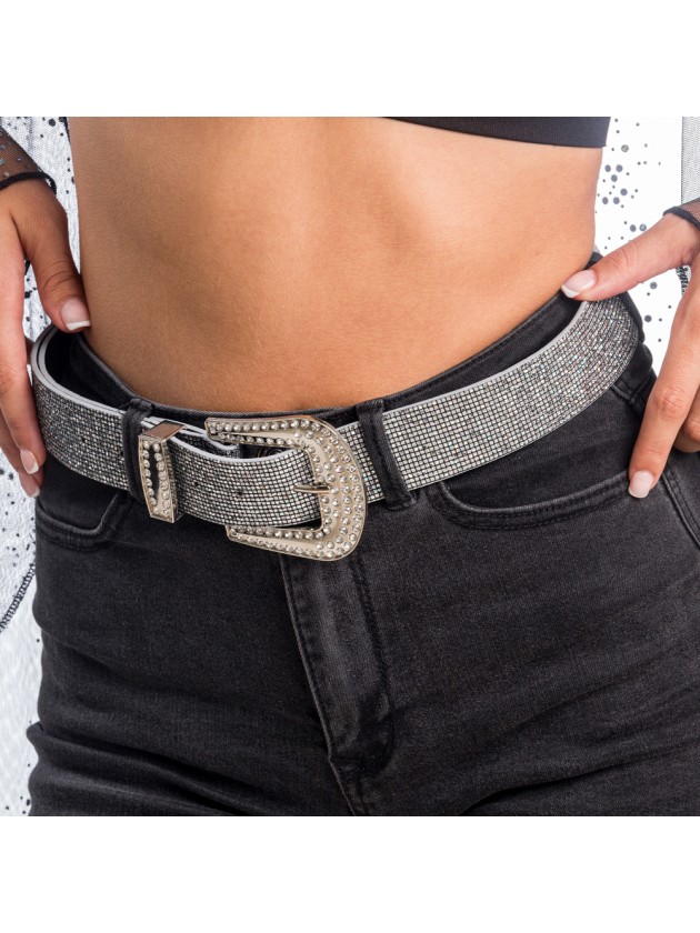 SILVER SHINY EFFECT BELT WITH RHINESTONES BUCKLE 120 cm x 3,8 cm