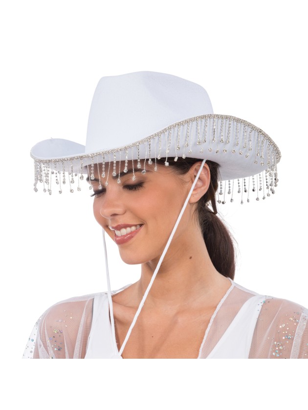 CHAPEAU DE COWBOY BLANC AVEC CHAINE STRASS TU