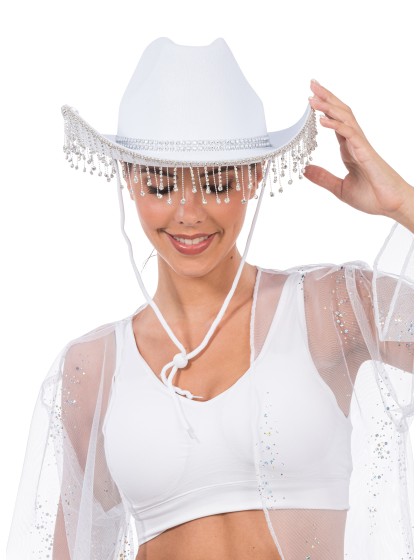 CHAPEAU DE COWBOY BLANC AVEC CHAINE STRASS TU