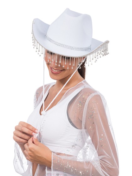HUT AUS COWBOY WEISS MIT KETTE STRASS DU