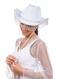 CHAPEAU DE COWBOY BLANC AVEC CHAINE STRASS TU