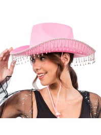 CHAPEAU DE COWBOY ROSE AVEC CHAINE STRASS TU