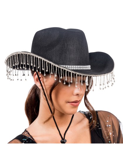 CHAPEAU DE COWBOY NOIR AVEC CHAINE STRASS TU