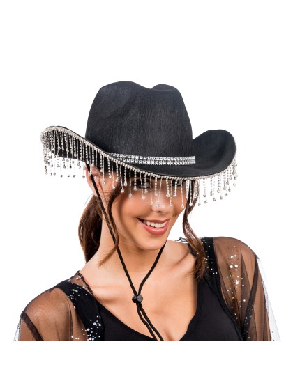 CHAPEAU DE COWBOY NOIR AVEC CHAINE STRASS TU