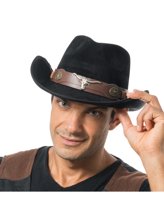 CHAPEAU DE COWBOY EFFET SUEDINE NOIR TU - avec elastique intérieur