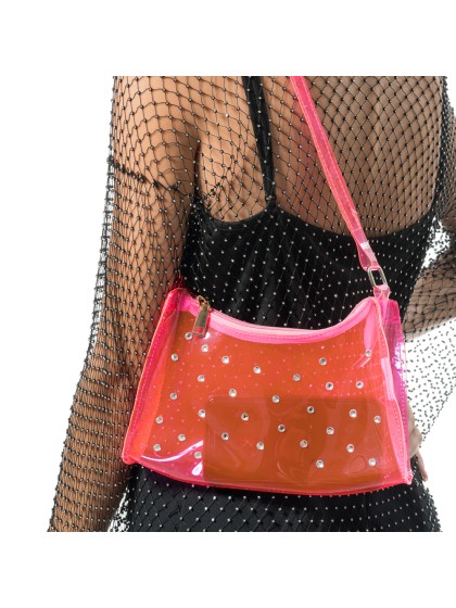 SAC A MAIN TRANSPARENT ROSE AVEC STRASS 25CM X 40CM X 6CM