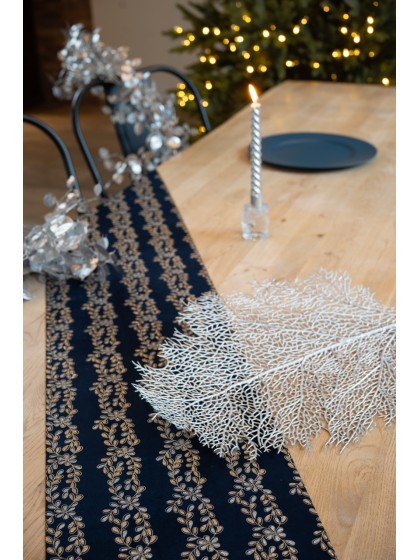 CHEMIN DE TABLE VELOURS BLEU CELESTE FIORITURES ARGENT/PLATINE 28CM X 3M
