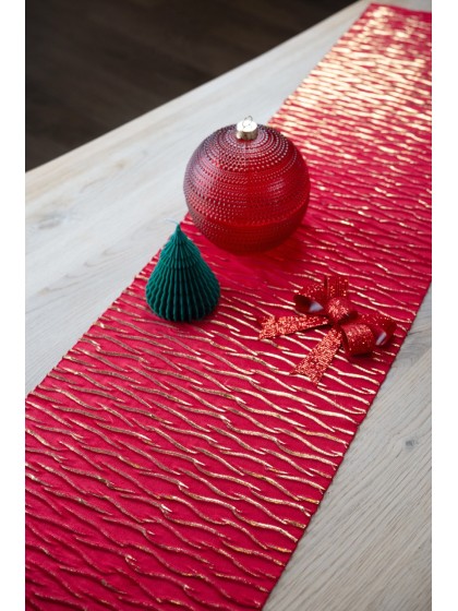 CHEMIN DE TABLE VELOURS FRINGE ROUGE/OR 28CM X 3M