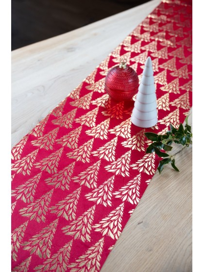 RED/GOLD TREE SYMPHONY VELVET TABLE RUNNER 28CM X 3M