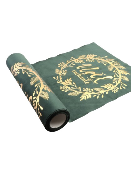 CHEMIN DE TABLE VELOURS VERT FONCE NOEL ENCHANTE OR 28CM X 3M