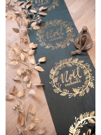 CHEMIN DE TABLE VELOURS VERT FONCE NOEL ENCHANTE OR 28CM X 3M