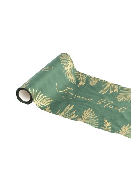 CHEMIN DE TABLE VELOURS VERT FONCE JOYEUX NOEL FEUILLAGES OR 28CM X 3M