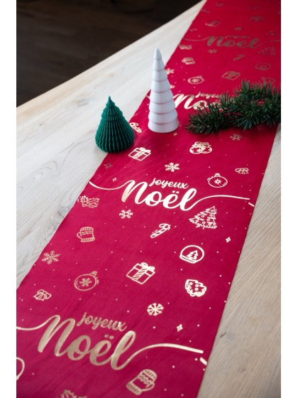 GOLDEN JOYEUX NOEL RED VELVET TABLE RUNNER 28CM X 3M