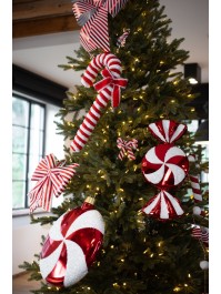 CANDY CANE FOURRURE AV NOEUD ET GRELOT CANDY STRIPES A SUSPENDRE 25CM X 6CM X 50CM