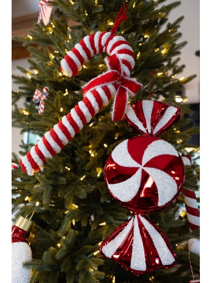ZUCKERSTENGEL KUNSTFELL MIT SCHLEIFE UND GLÖCKCHEN CANDY STRIPES AUFHÄNGEN 25CM X 6CM X 50CM