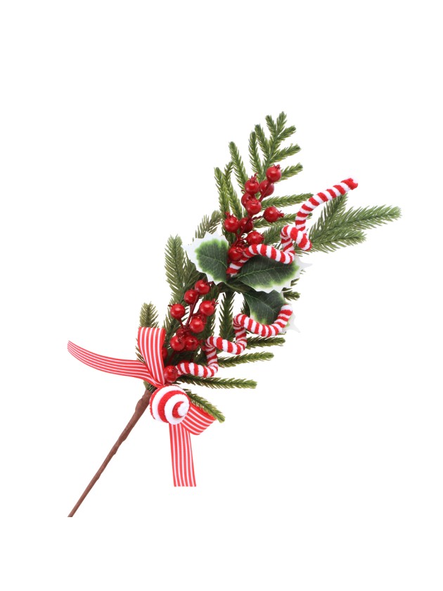 MEDIUM SIZE BRANCH W/ RED BERRIES CANDY STRIPES 15CM X 7CM X 55CM