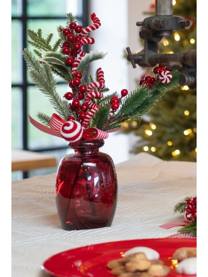 MEDIUM SIZE BRANCH W/ RED BERRIES CANDY STRIPES 15CM X 7CM X 55CM