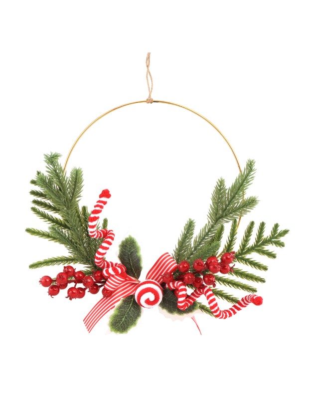 COURONNE METAL BRANCHAGE BAIES ROUGES CANDY STRIPES A SUSPENDRE DIA 30CM X 5CM
