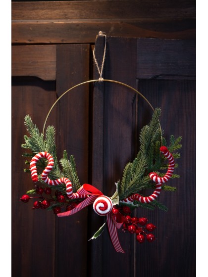 METAL WREATH BRANCHES RED BERRIES CANDY STRIPES TO HANG DIA 30CM X 5CM