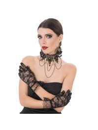 SET HALSKETTE RAS AUS HALS + OHRRINGE + HANDSCHUHE SPITZE SCHWARZ 