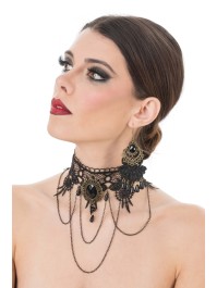 SET COLLIER RAS DE COU + BOUCLES D’OREILLES + GANTS DENTELLE NOIR 