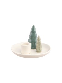 PORTE BOUGIE FLAMBEAU AVEC SAPINS VERTS SUR COUPELLE CERAMIQUE DIA 13CM X 8.5CM