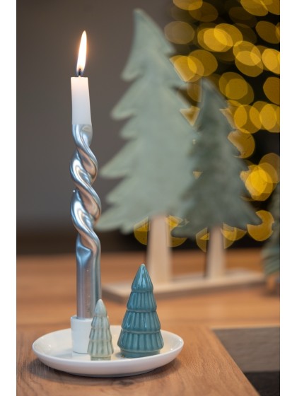 PORTE BOUGIE FLAMBEAU AVEC SAPINS VERTS SUR COUPELLE CERAMIQUE DIA 13CM X 8.5CM