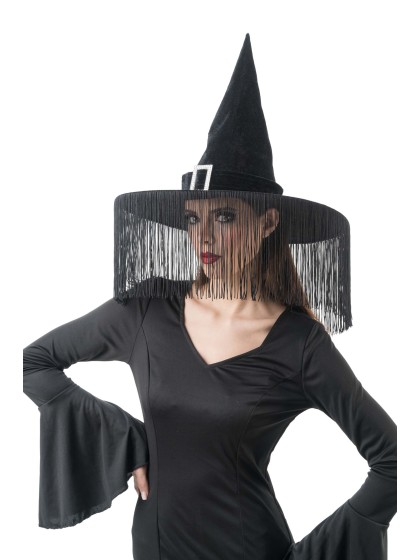 CHAPEAU SORCIERE VELOURS NOIR AVEC FRANGES DIA 43CM X 33CM