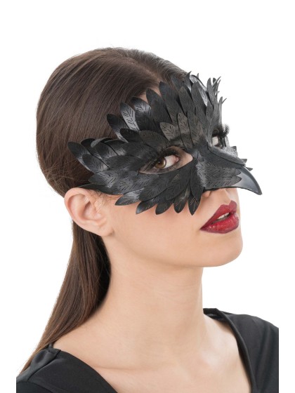 DEMI MASQUE AVEC PLUMES SIMILI CUIR 17CM X 15CM X 9CM