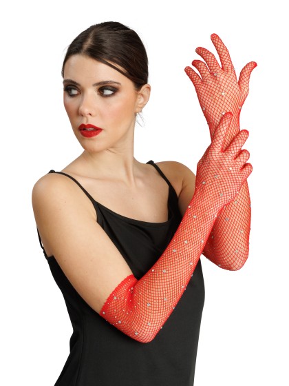 RED RHINESTONES FISHNET GLOVES ONE SIZE - 45CM