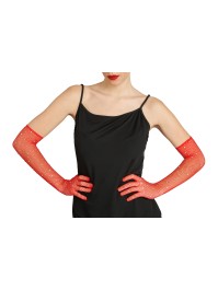 RED RHINESTONES FISHNET GLOVES ONE SIZE - 45CM