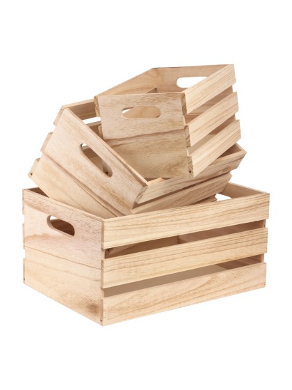 SET 3 NATURAL WOODEN CRATES 36X26X18CM/ 31X21X16CM/ 26X16X14CM