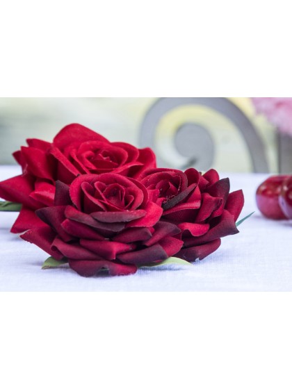 SET 6 ROSES EFFET VELOURS ROUGE DIA 7CM X 4.5CM