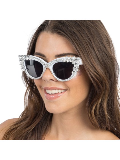 WHITE GLASSES WITH BIG SILVER RHINESTONES 15CM X 15CM X 5.5CM