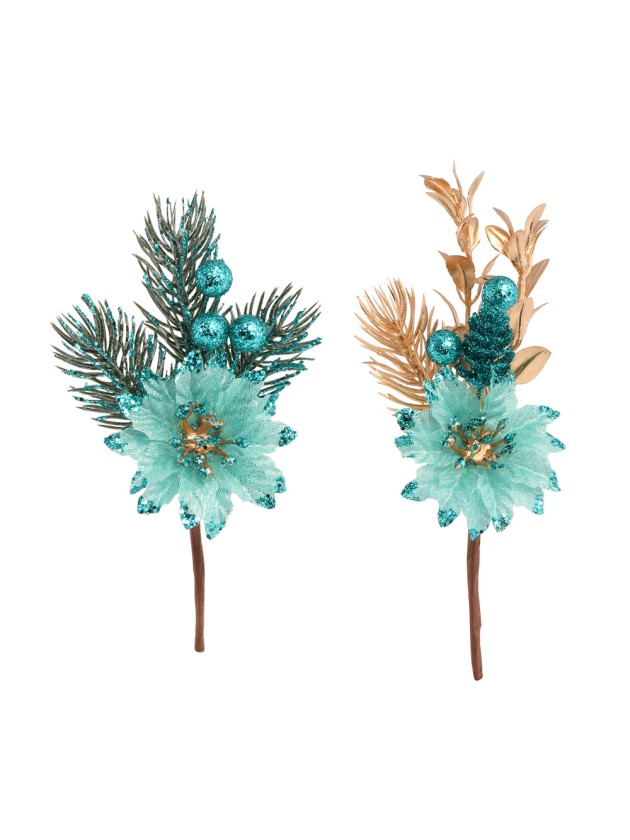 MINI BUNCH TREE BRANCH TEAL POINSETTIA 2 ASS AROUND 7.5CM X 3CM X 16CM