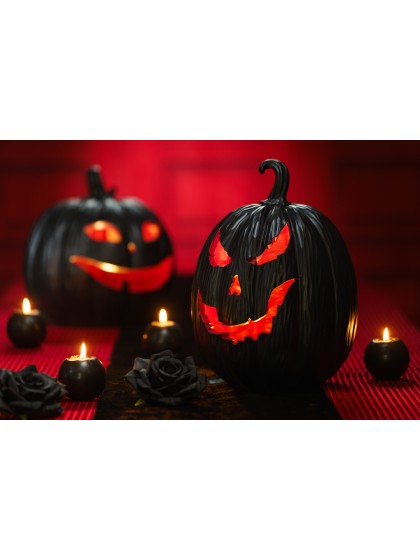 CITROUILLE DEVIL RESINE NOIR ET ROUGE AVEC LED 21CM X 21CM X 29CM