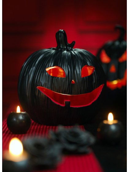 BLACK AND RED POLYRESIN PUMPKIN WITH LED LIGHT 25CM X 24CM X 25CM