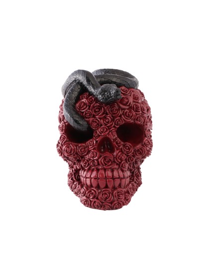 SCHÄDEL KUNSTHARZ ROSA ROT UND SCHLENGEL SCHWARZ 10.5CM X 15CM X 13CM