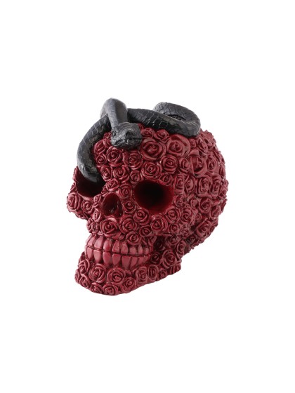 SCHÄDEL KUNSTHARZ ROSA ROT UND SCHLENGEL SCHWARZ 10.5CM X 15CM X 13CM