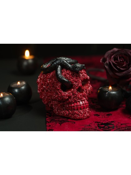 SCHÄDEL KUNSTHARZ ROSA ROT UND SCHLENGEL SCHWARZ 10.5CM X 15CM X 13CM