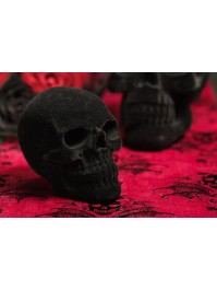 KLEIN SCHÄDEL KUNSTHARZ GEFLÖCKT SAMT SCHWARZ 9.5CM X 15CM X 11CM