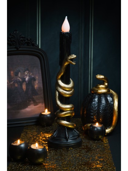 KERZENLEUCHTER LED KUNSTHARZ SCHWARZ MIT SCHLENGEL GOLD 11CM X 11CM X 41CM
