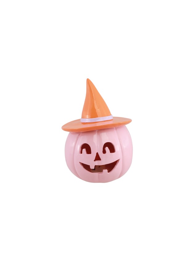 POLYRESIN LIGHT PINK PUMPKIN WITH ORANGE HAT 12.5CM X 12.3CM X 17CM