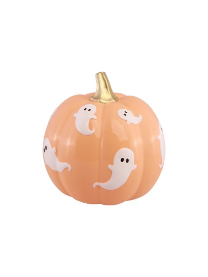 POLYRESIN LIGHT ORANGE PUMPKIN WITH GHOSTS 14.5CM X 14.5CM X 14.8CM