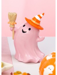 POLYRESIN LIGHT PINK GHOST WITH BROOM 12.3CM X 8.8CM X 15CM