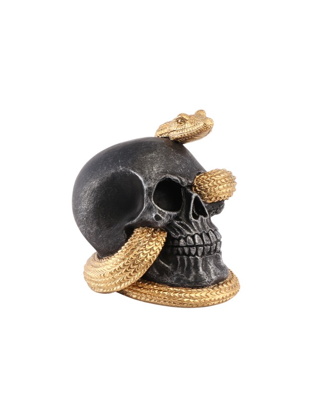 SCHÄDEL KUNSTHARZ SCHLENGEL GOLD 14.5CM X 14CM X 13.5CM